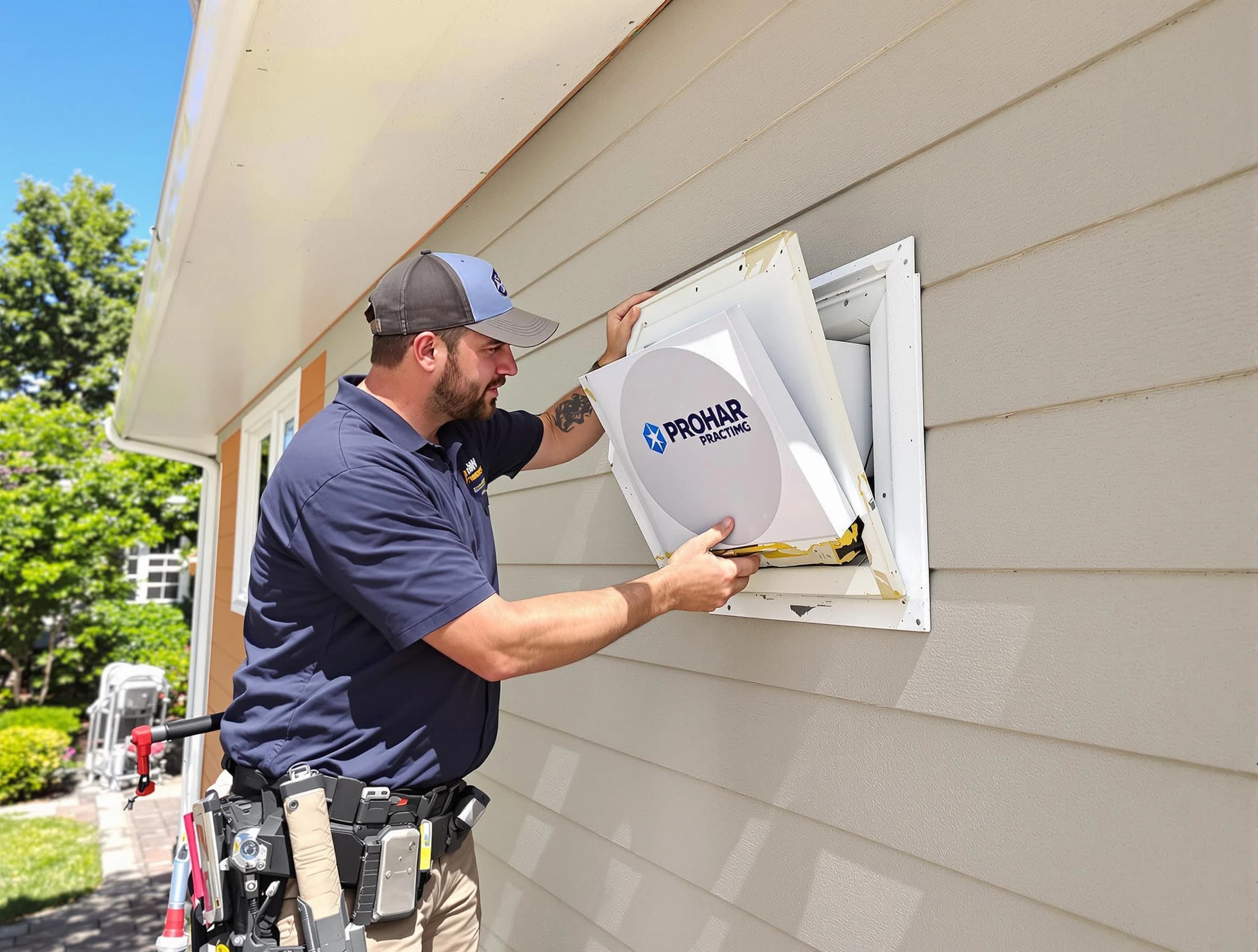 Milton Dryer Vent Cleaning technician installing a new protective dryer vent cover on a home in Milton
